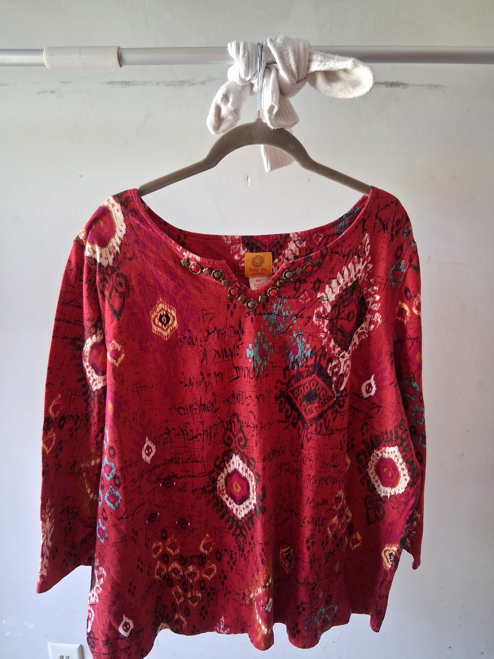 Ruby Rd. Red Patterned Long Sleeve Tee with Mixed Accents